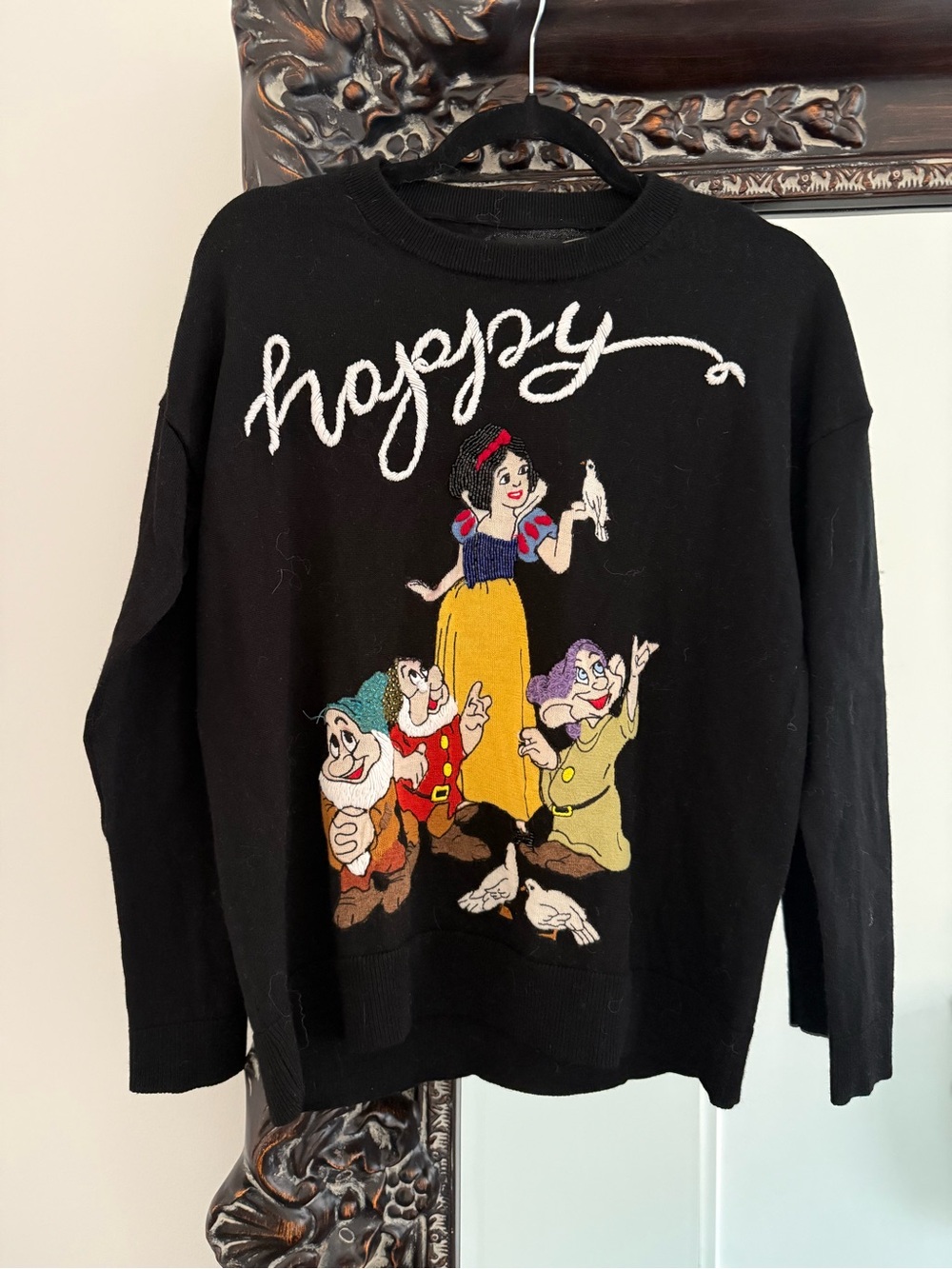 Alice + Olivia Black Sweater with Snow White & Dwarfs Embroidery